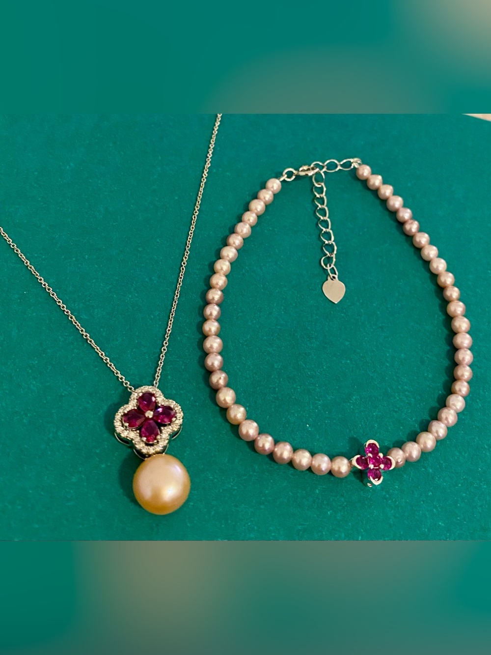 Freshwater Pearl and Pink Crystal Clover Necklace & Bracelet Set